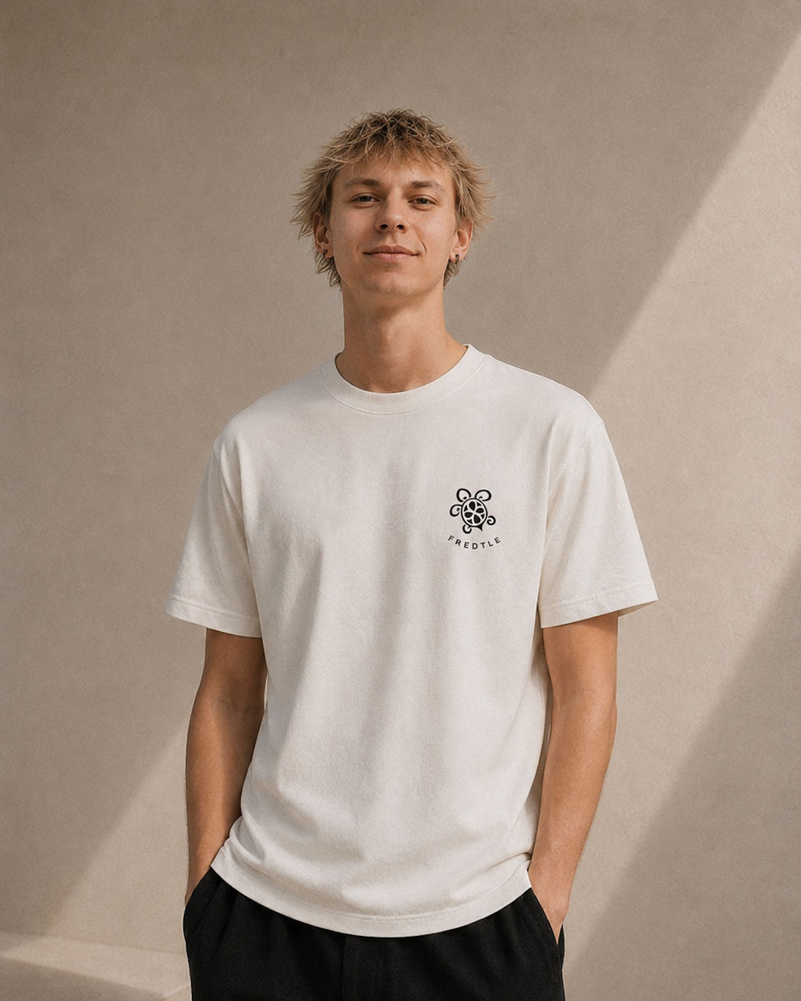 White FREDTLE tee worn by model